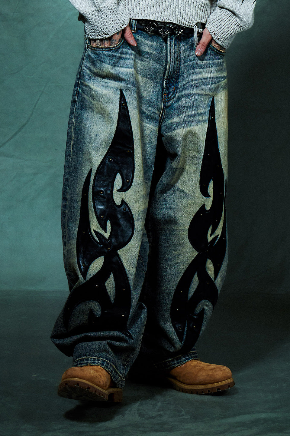 Studs Tribal Leather Patch Curve Denim