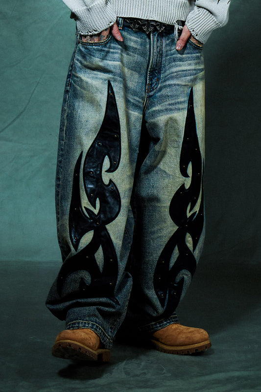 Studs Tribal Leather Patch Curve Denim