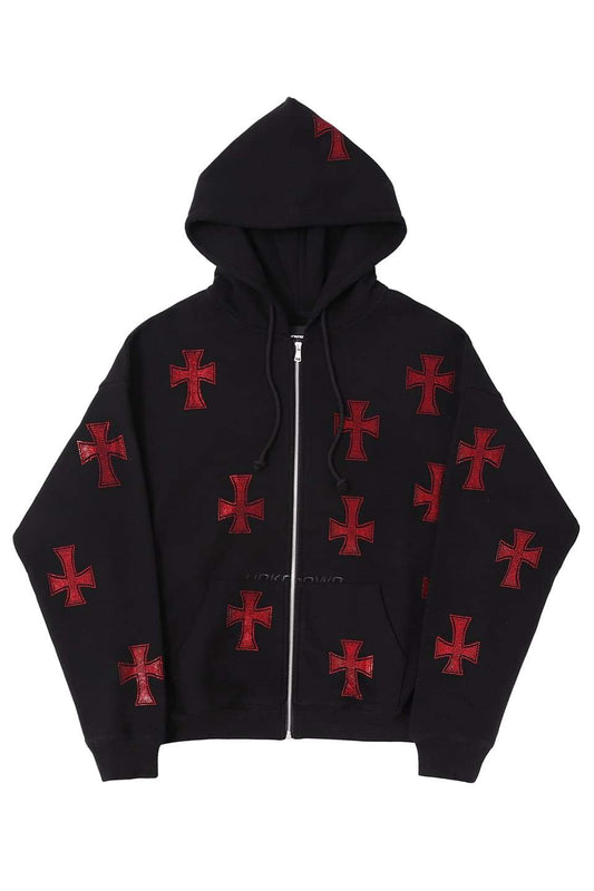 Black x Red Rhinestone Cross Zip Hoodie