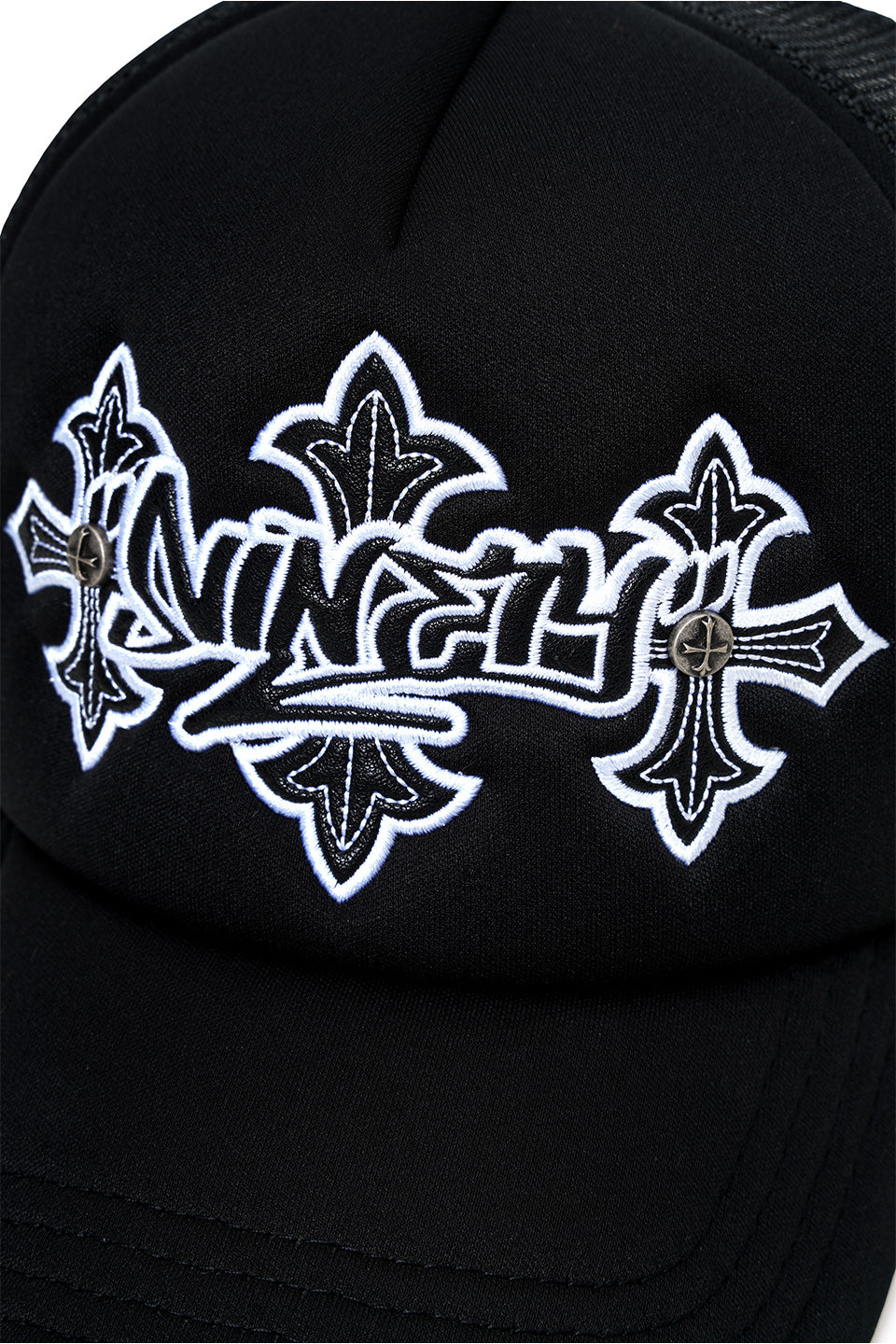 9090 X Supplier Cross Leather Patch Mesh Cap