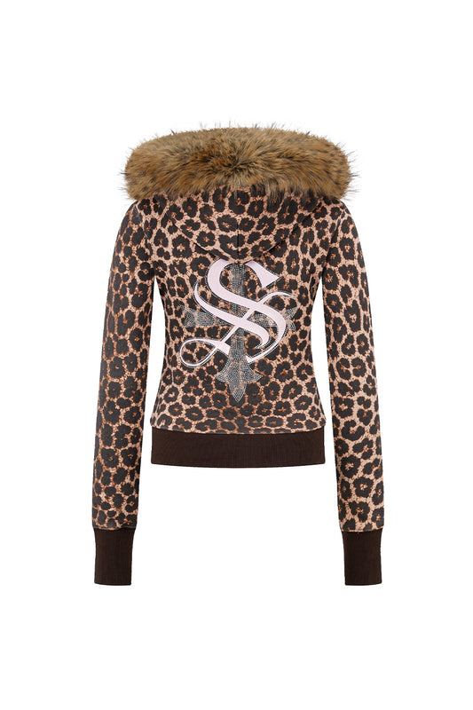 Leopard Baby Cross Fur Zip Hoodie - Tight Fit Women'S