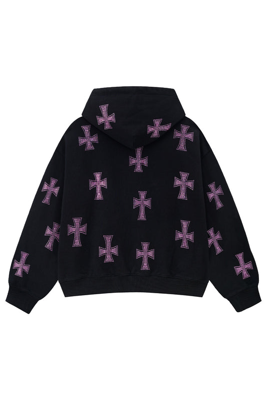 Black X Pink Allover Cross Rhinestone Zip Hoodie