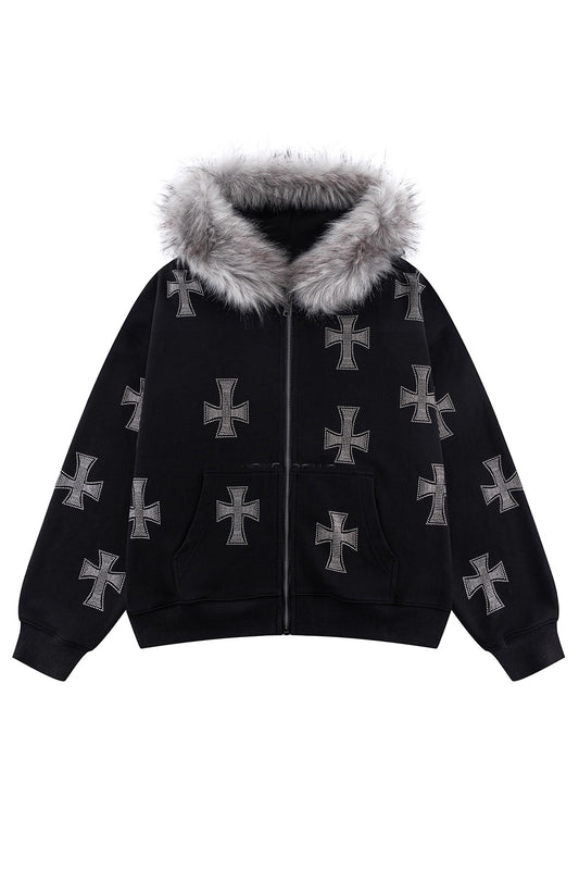 Black X Silver Allover Cross Rhinestone Faux Fur Zip Hoodie