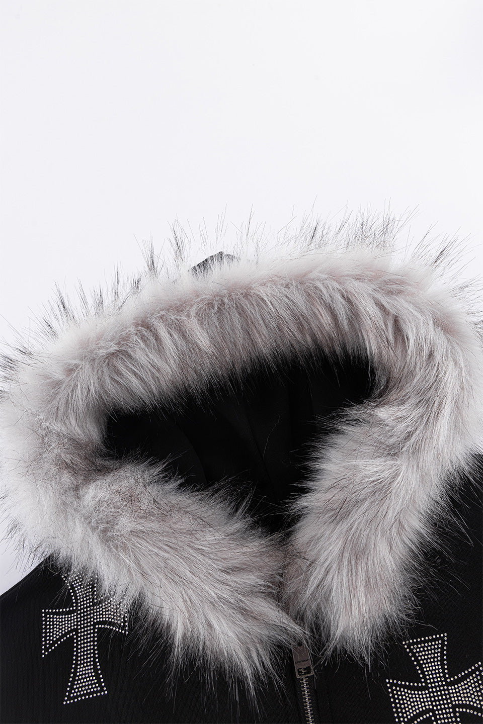 Black X Silver Allover Cross Rhinestone Faux Fur Zip Hoodie