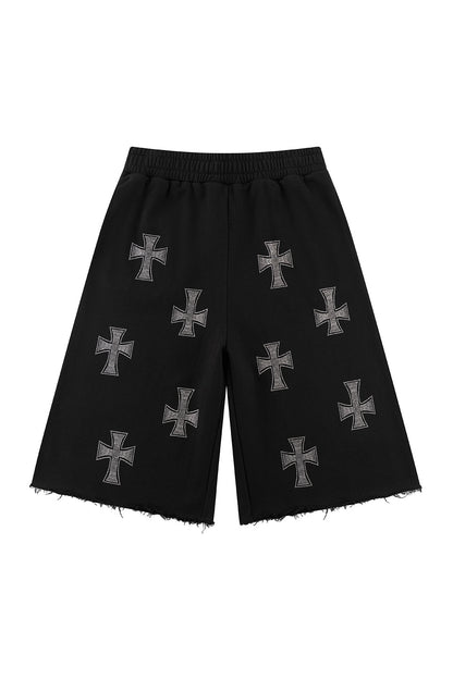 Black X Silver Allover Rhinestone Baggy Sweat Shorts