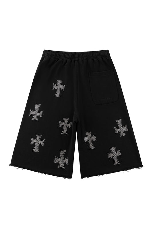 Black X Silver Allover Rhinestone Baggy Sweat Shorts
