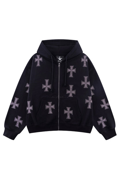Black X Pink Allover Cross Rhinestone Zip Hoodie