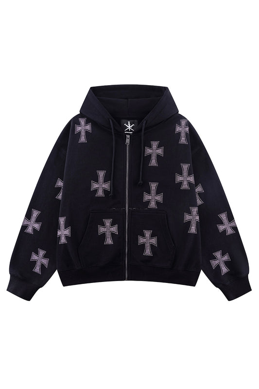 Black X Pink Allover Cross Rhinestone Zip Hoodie