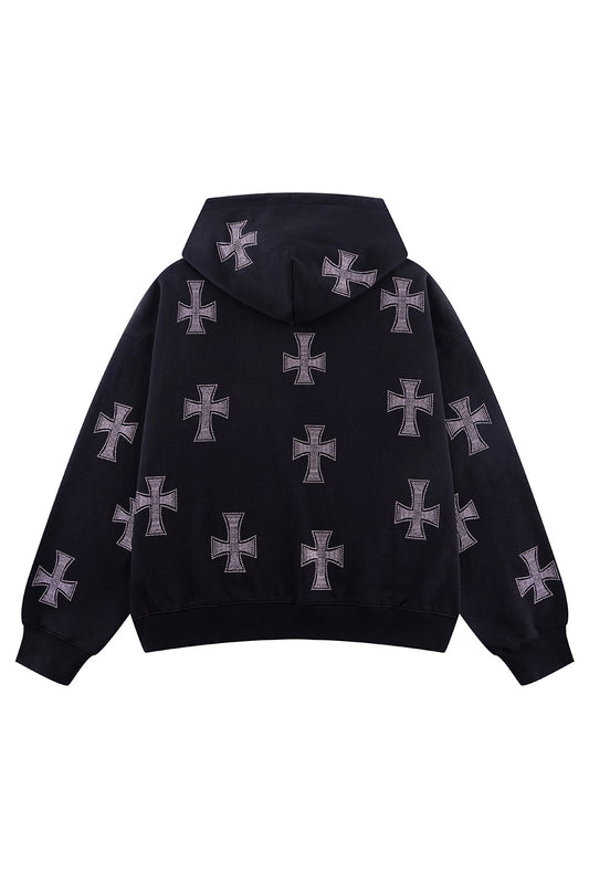 Black X Pink Allover Cross Rhinestone Zip Hoodie
