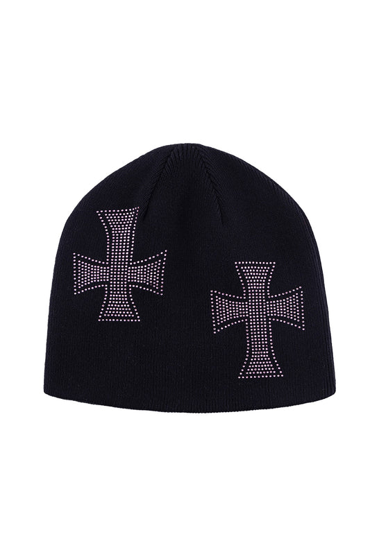 Black X Pink Cross Rhinestone Beanie
