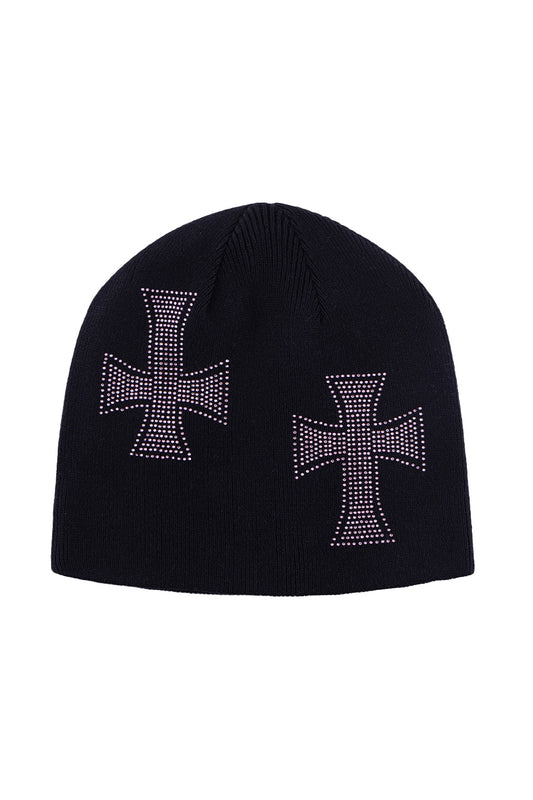 Black X Pink Cross Rhinestone Beanie