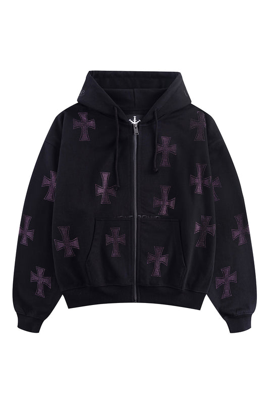 Black x Purple Cross Rhinestone Zip Hoodie