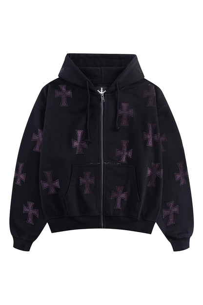 Black X Purple Cross Rhinestone Zip Hoodie
