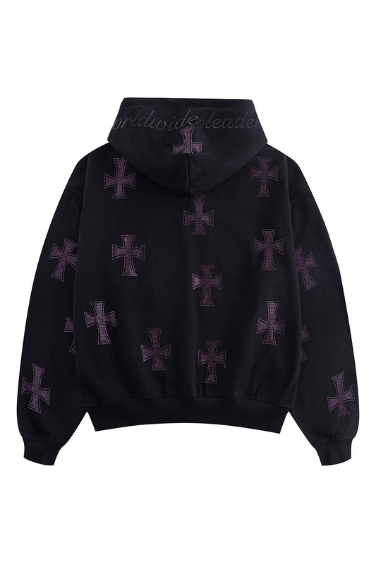 Black x Purple Cross Rhinestone Zip Hoodie