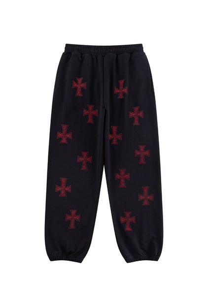Black x Red Cross Rhinestone Jogger