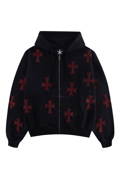 Black x Red Cross Rhinestone Zip Hoodie