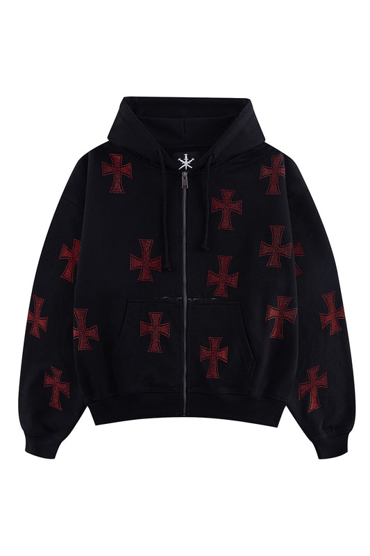Black x Red Cross Rhinestone Zip Hoodie