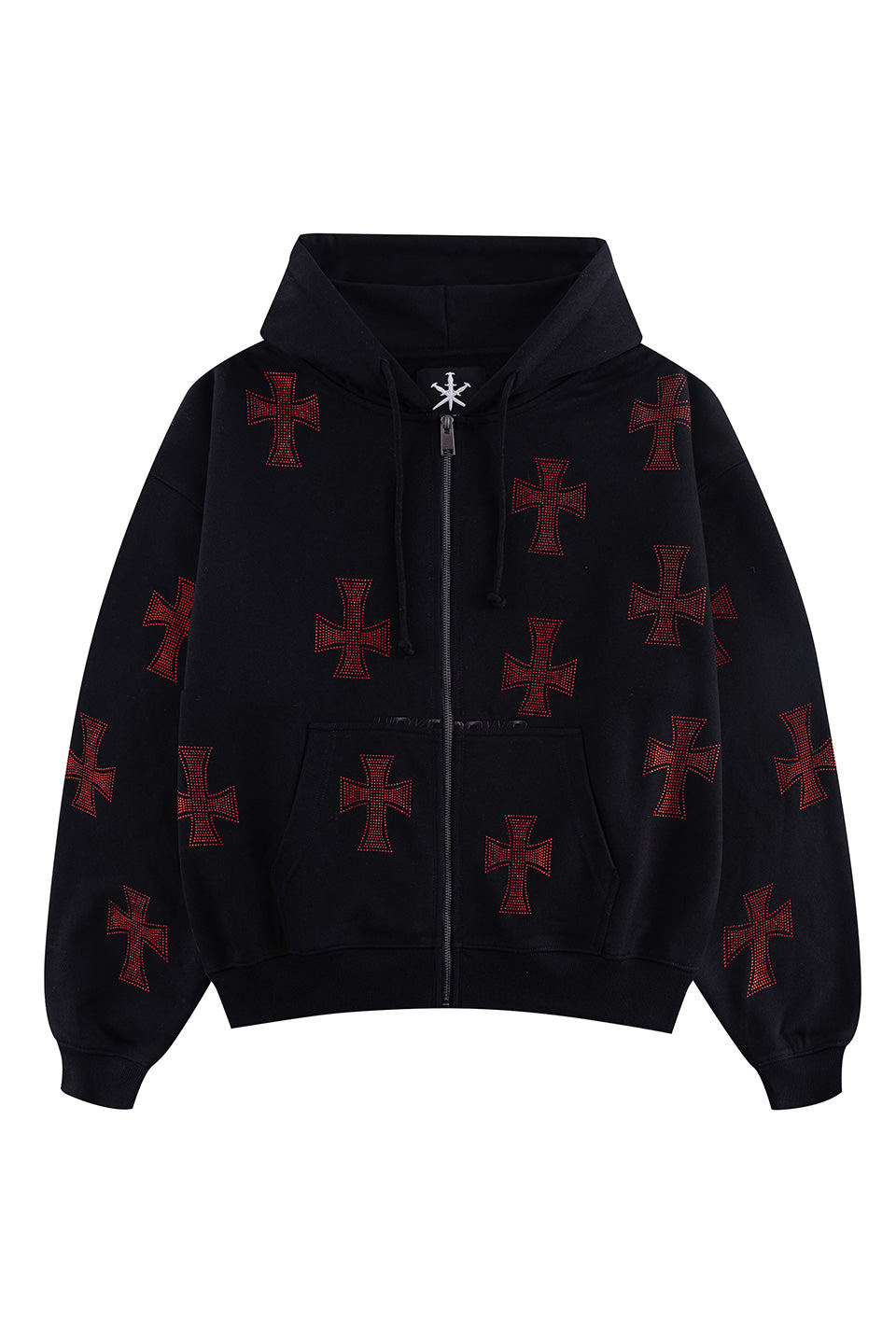 Black X Red Cross Rhinestone Zip Hoodie