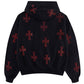 Black x Red Cross Rhinestone Zip Hoodie