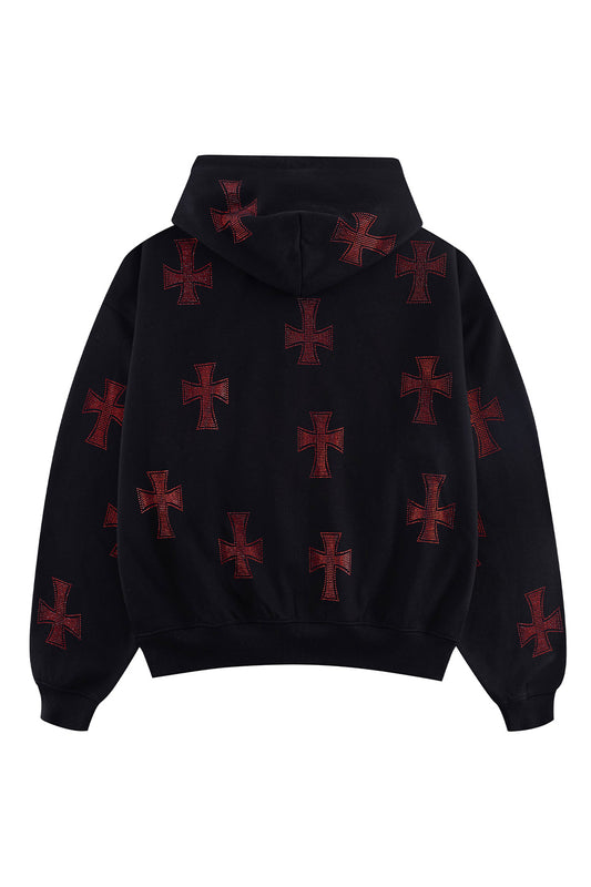 Black x Red Cross Rhinestone Zip Hoodie