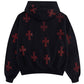 Black X Red Cross Rhinestone Zip Hoodie