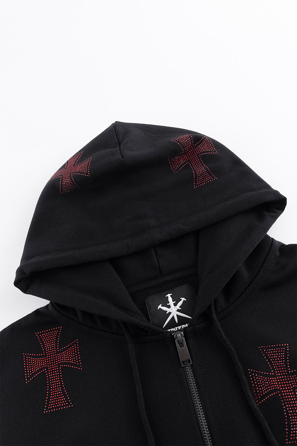 Black X Red Cross Rhinestone Zip Hoodie