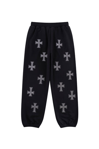 Black x Silver Cross Rhinestone Jogger