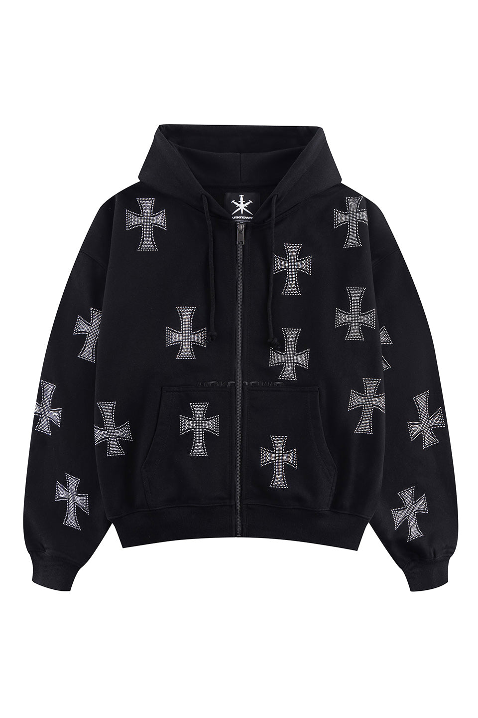 Black x Silver Cross Rhinestone Zip Hoodie