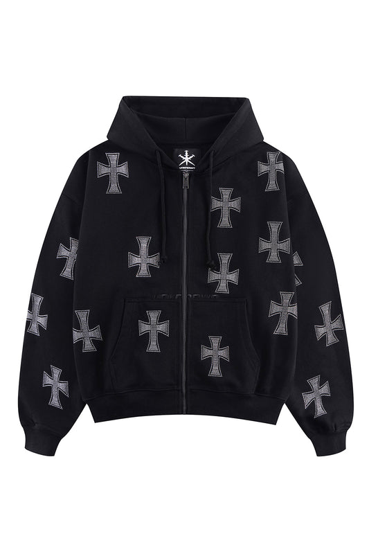 Black x Silver Cross Rhinestone Zip Hoodie
