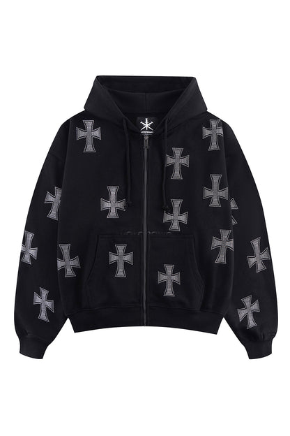 Black X Silver Cross Rhinestone Zip Hoodie
