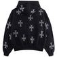 Black x Silver Cross Rhinestone Zip Hoodie
