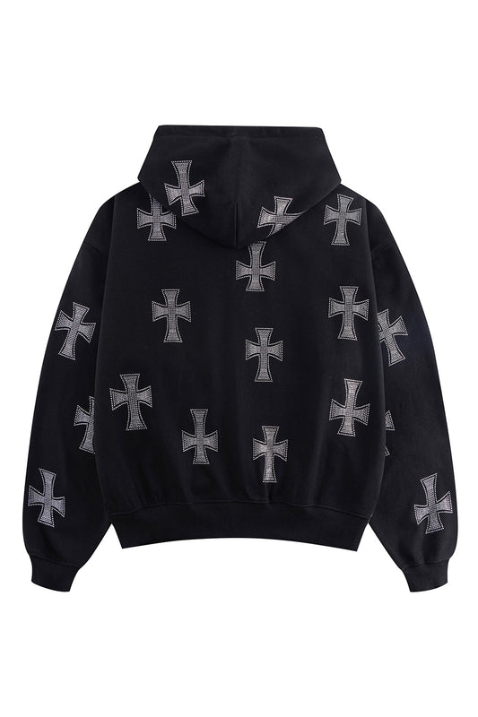 Black X Silver Cross Rhinestone Zip Hoodie