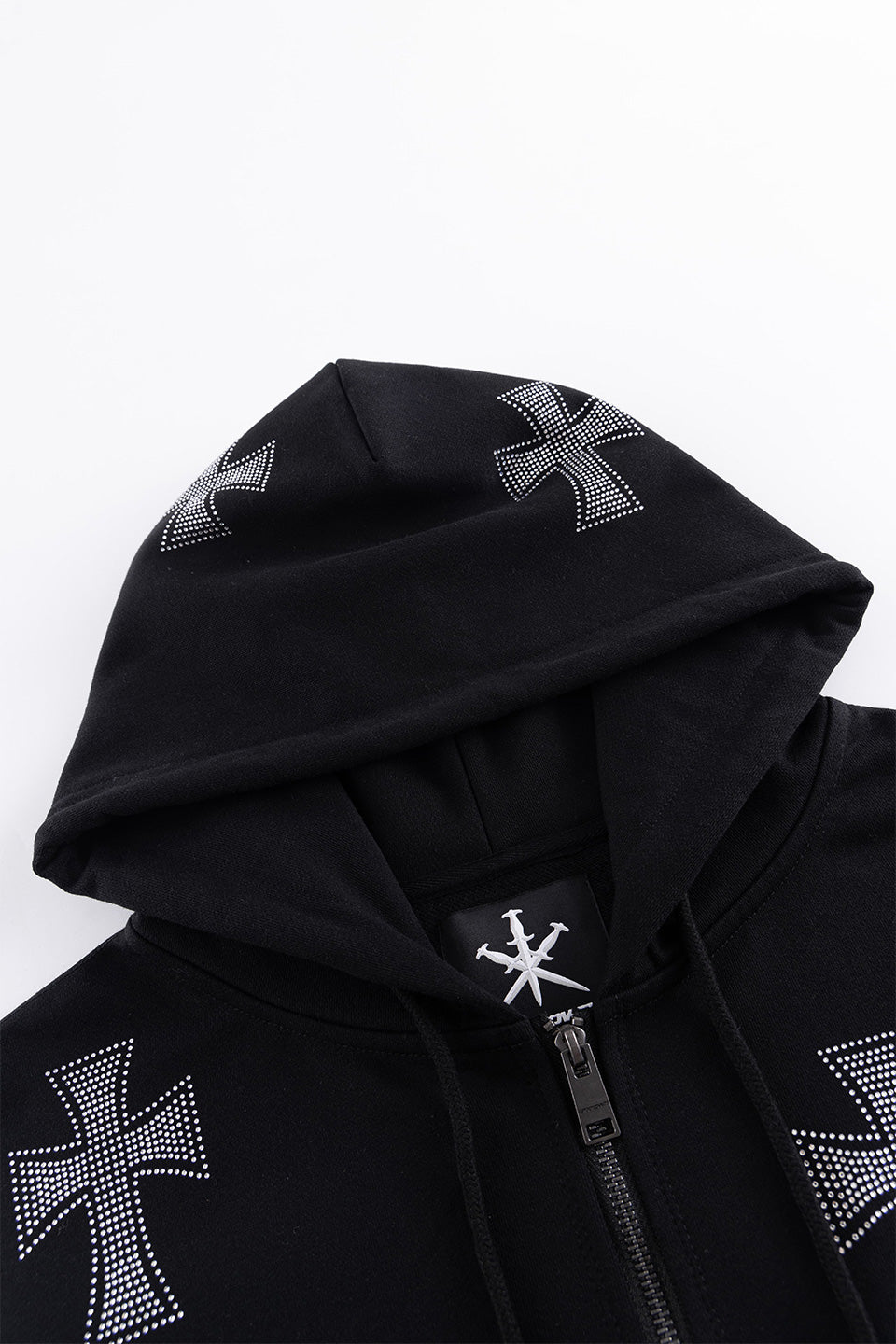 Black X Silver Cross Rhinestone Zip Hoodie