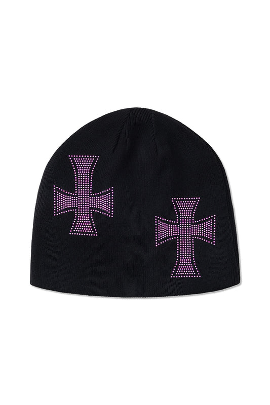 Black X Pink Cross Rhinestone Beanie
