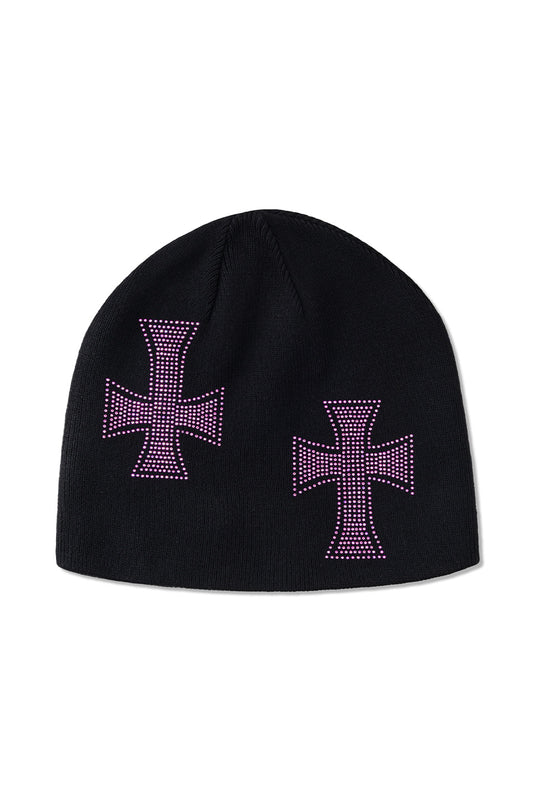 Black X Pink Cross Rhinestone Beanie