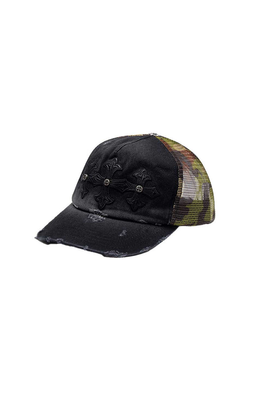 Camouflage Cross Leather Patch Mesh Cap