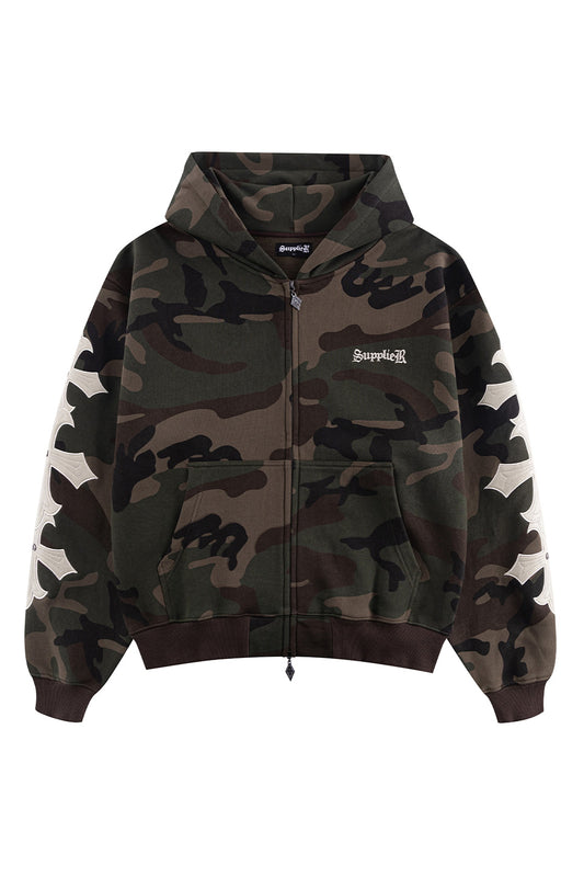 Camouflage Cross Leather Patch Zip Hoodie