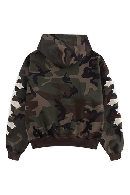 Camouflage Cross Leather Patch Zip Hoodie