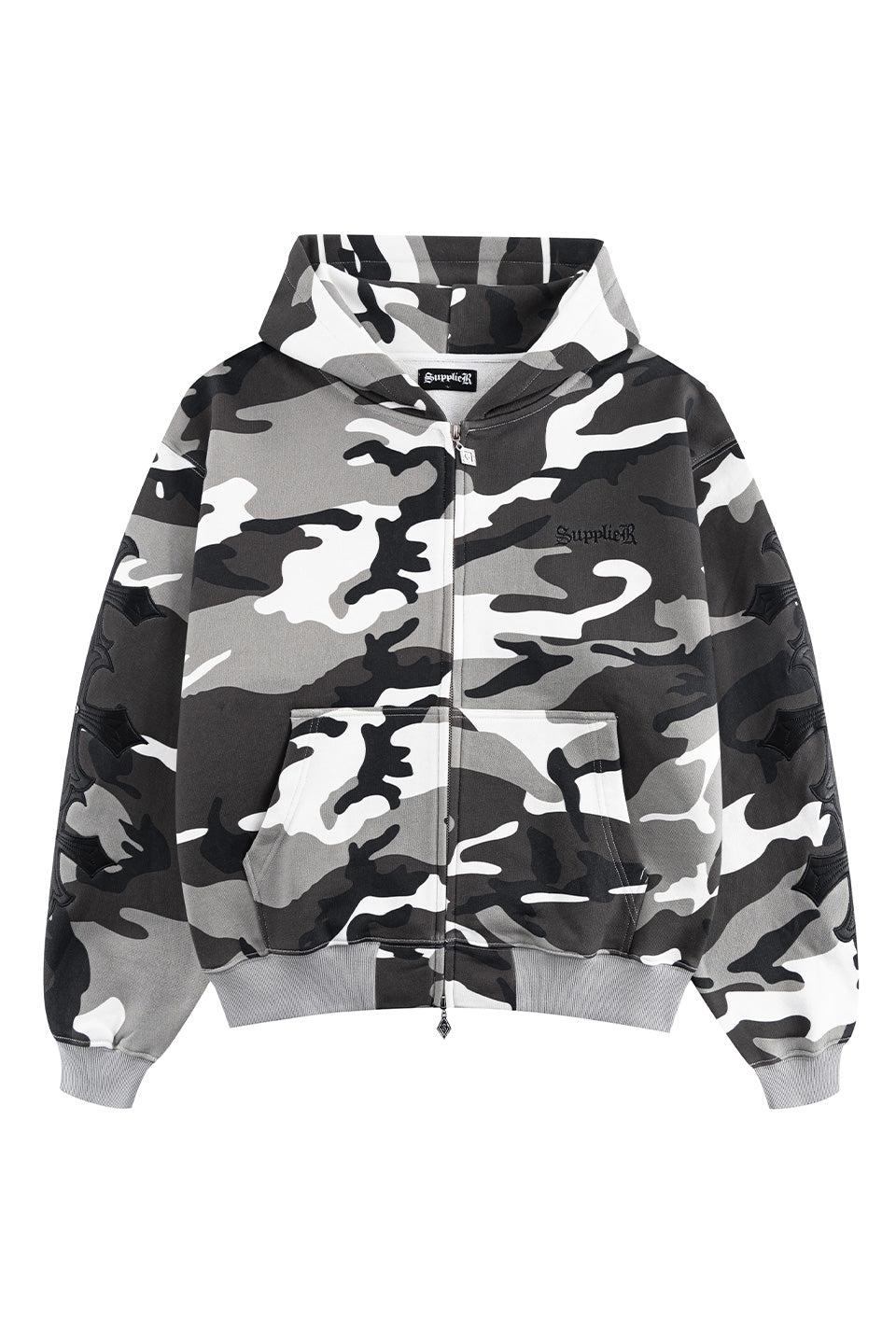 Camouflage Cross Leather Patch Zip Hoodie