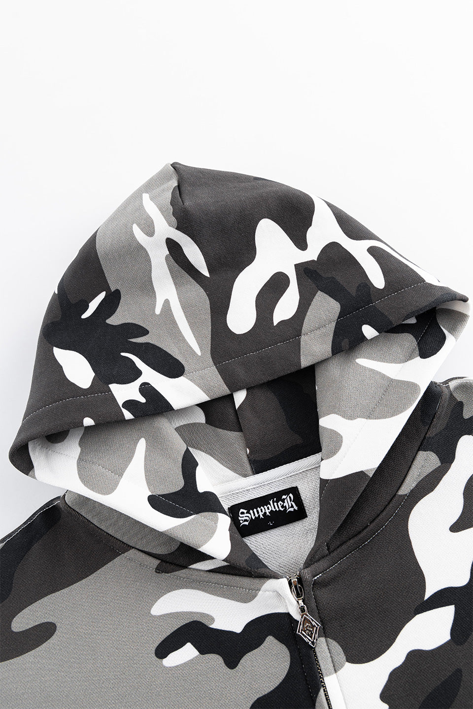 Camouflage Cross Leather Patch Zip Hoodie