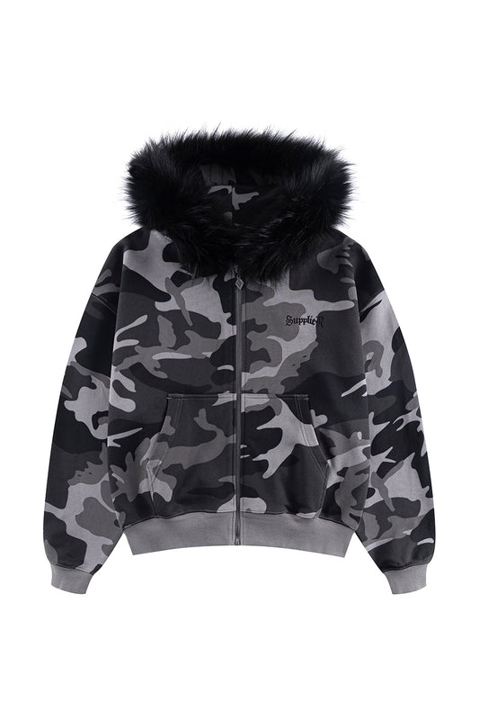 Camouflage Faux Fur Cross Zip Hoodie