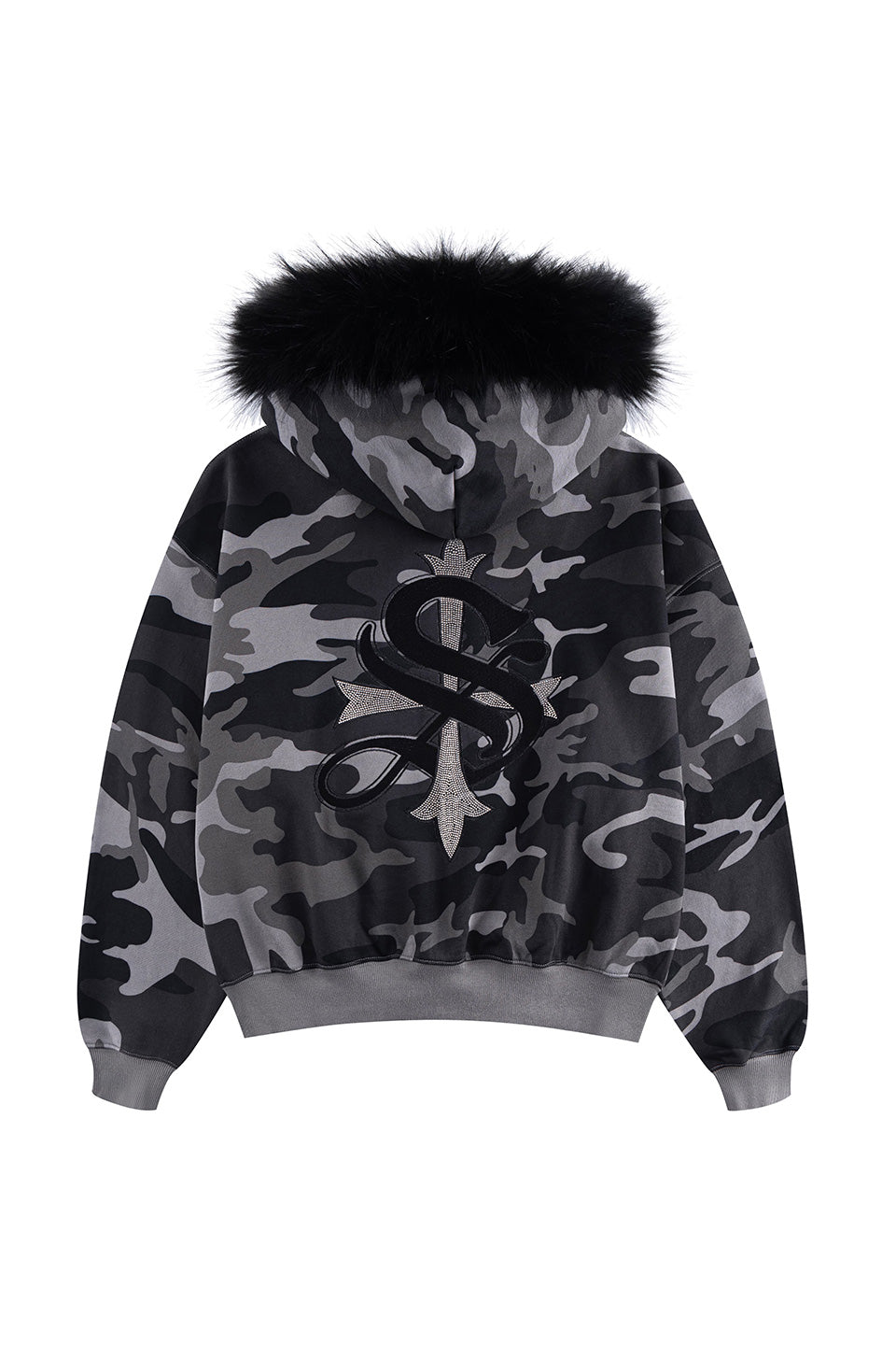 Camouflage Faux Fur Cross Zip Hoodie