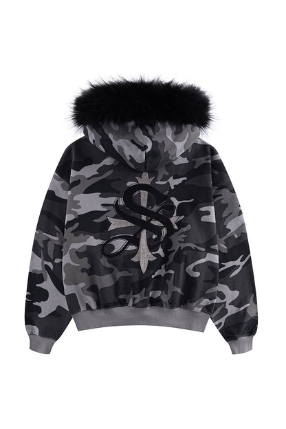 Camouflage Faux Fur Cross Zip Hoodie
