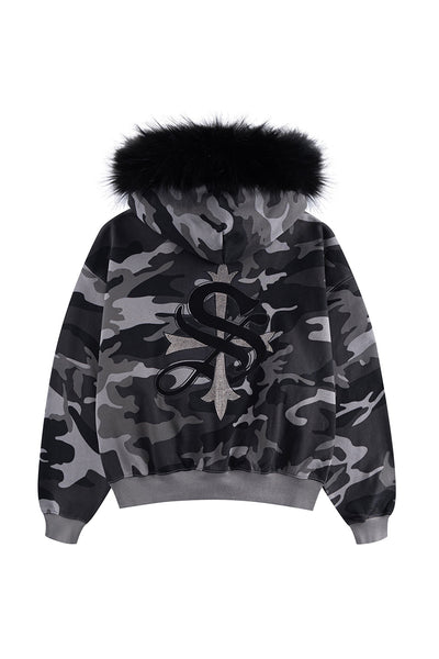 Camouflage Faux Fur Cross Zip Hoodie｜SUPPLIER｜フーディー