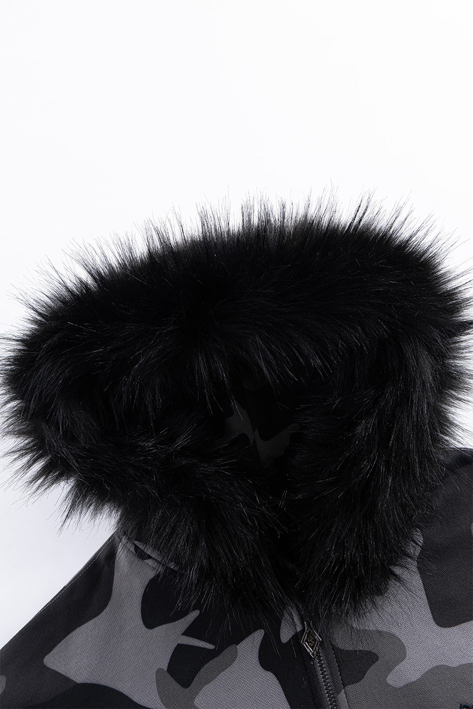 Camouflage Faux Fur Cross Zip Hoodie