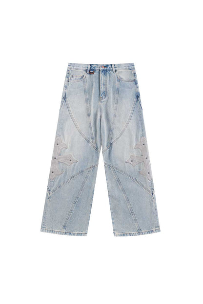 Cross Leather Patch Baggy Denim Pants