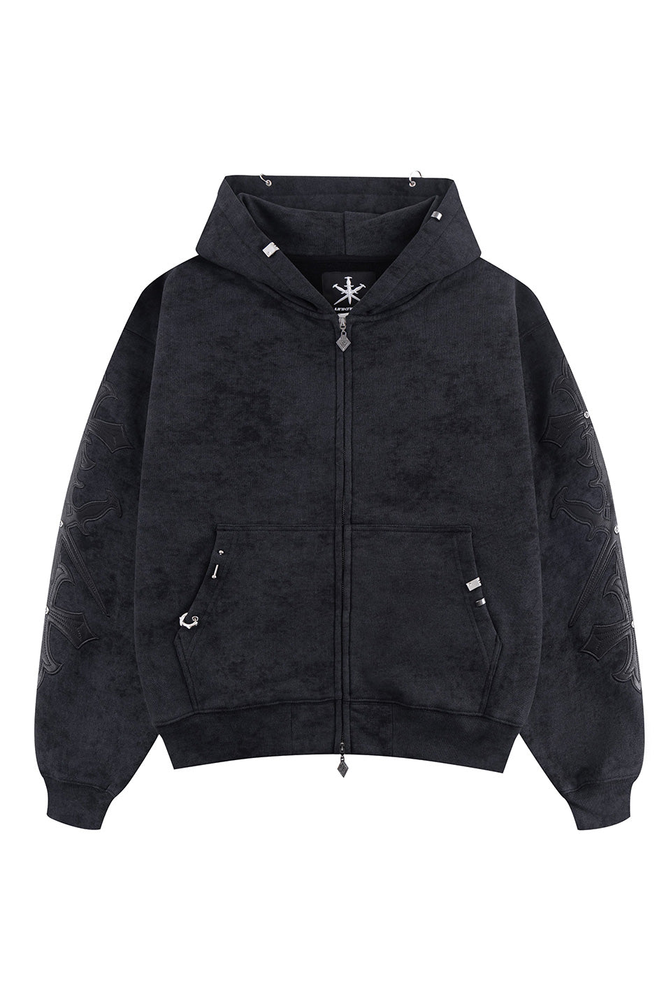 Dagger Cross Leather Patch Zip Hoodie
