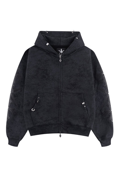 Dagger Cross Leather Patch Zip Hoodie
