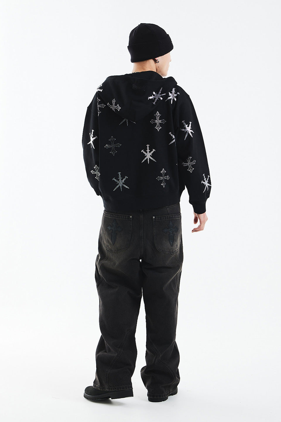 Dagger Cross Rhinestone Zip Hoodie