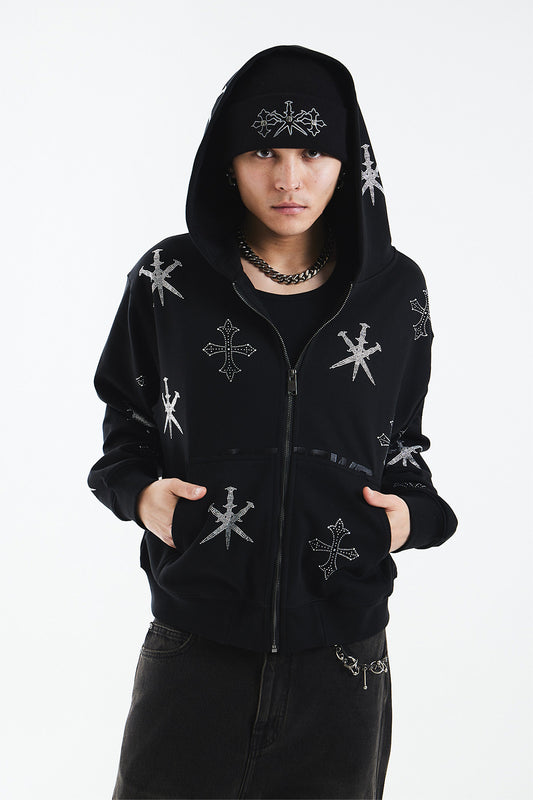 Dagger Cross Rhinestone Zip Hoodie